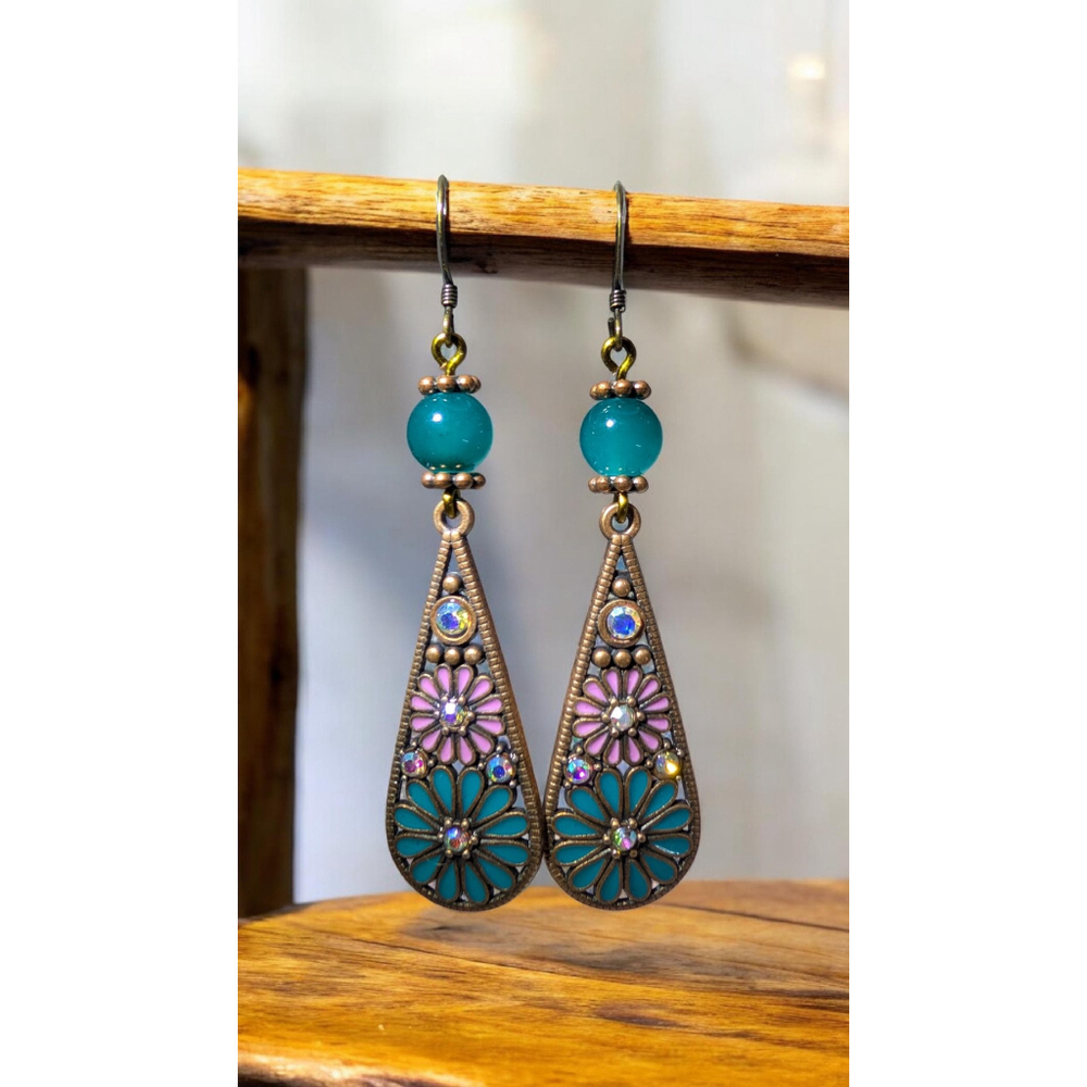 Boho Pink and Teal Teardrop Dangle Earrings – Antiqued Bronze